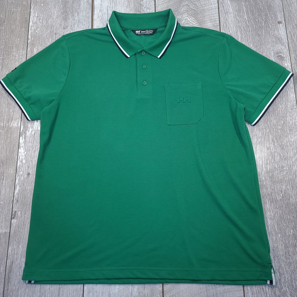 Helly Hansen Polo Shirt Mens 2XL Green Recycled Pique Tipped Short Sleeve Top
